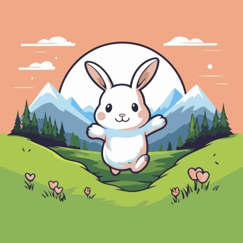 cute rabbit in the meadow with mountains and flowers vector illu