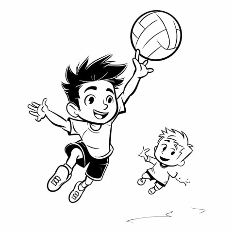 Black and white illustration of a boy playing volleyball with hi