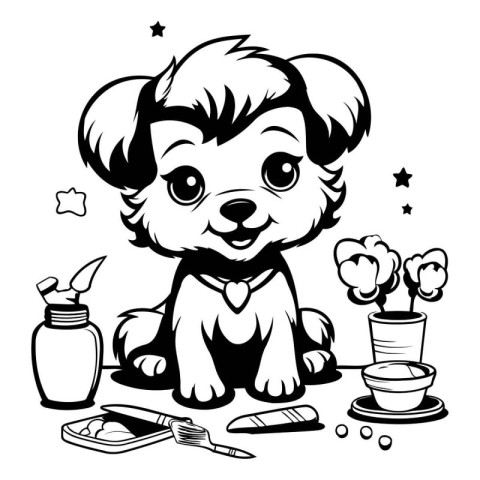 Black and White Cartoon Illustration of Cute Puppy Dog Mascot Ch