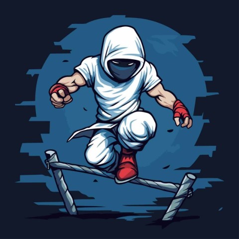 Mascot illustration of a ninja jumping over an obstacle. Ideal f