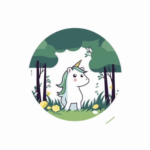 Cute unicorn in the forest. Vector illustration in flat style.