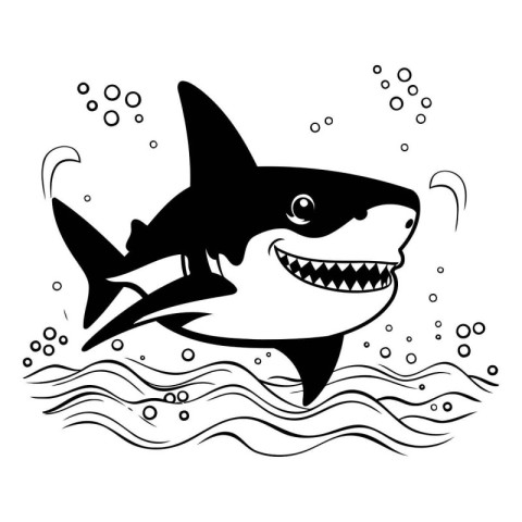 Shark in the sea. Black and white vector illustration isolated o