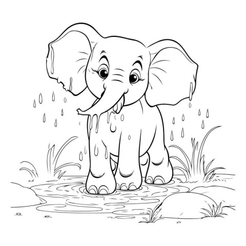 Coloring Page Outline Of a cute baby elephant in a puddle