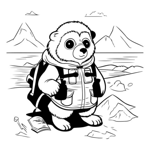 Polar bear with a backpack and a map. Vector illustration.