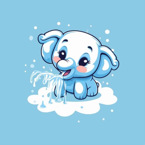 Cute cartoon elephant with splashing water isolated on blue back