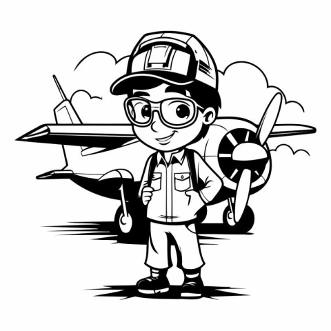 Vector illustration of Cartoon pilot with airplane. Black and wh