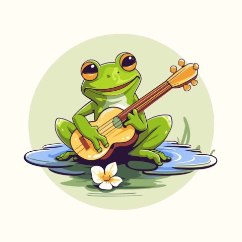 Frog playing the guitar in the pond. Vector cartoon illustration