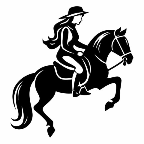 Elegant girl riding a horse. black and white vector illustration