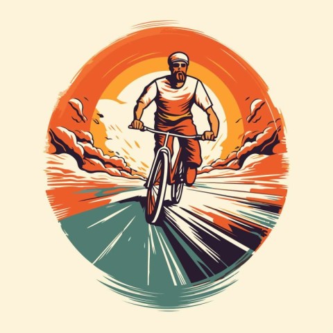 Cyclist riding a bicycle in the mountains. vintage vector illust