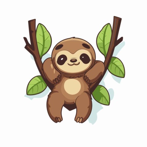 Cute cartoon sloth sitting on a tree branch. Vector illustration