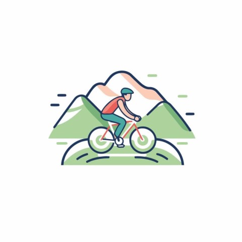 Cyclist on mountain bike flat color line icon. Vector illustrati