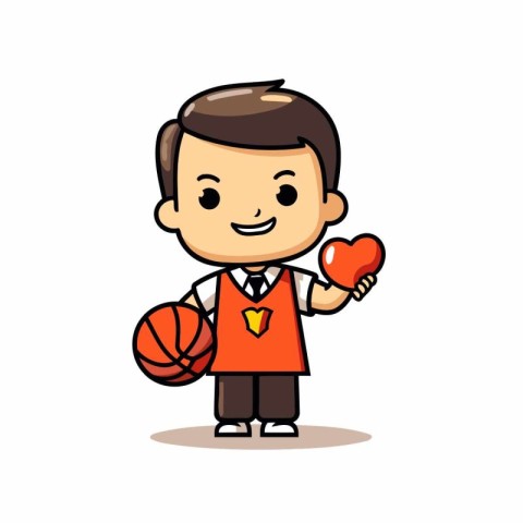 Boy Holding Heart and Basketball - Cartoon Vector IllustrationÃ