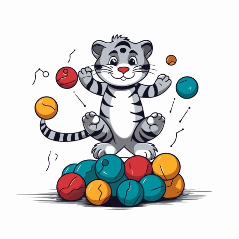 Cute cartoon tiger playing with balls on white background. Vecto