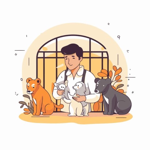 Veterinarian with dogs. Flat vector illustration. Cartoon style.