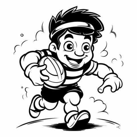 Rugby Player - Black and White Cartoon Illustration. Vector