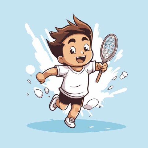 Boy playing badminton vector illustration. Cartoon boy playing b