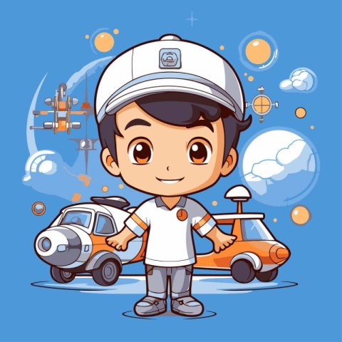 Cute little boy in astronaut costume with toy car. Vector illust