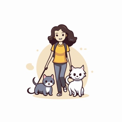 Vector illustration of a woman walking with her pets. Cute carto