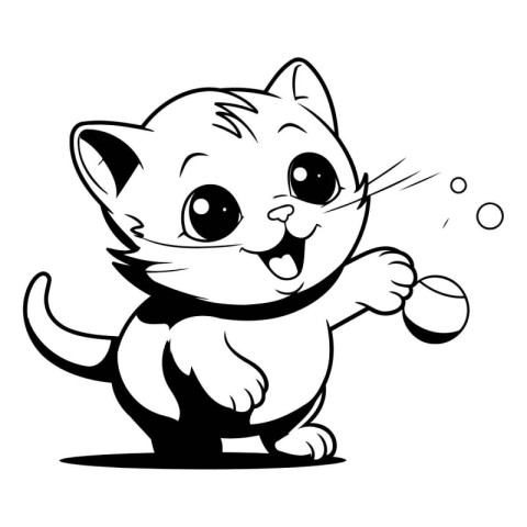 Illustration of a cute cartoon cat playing with a ball on a whit