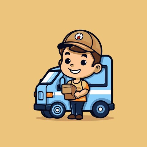 Cute delivery boy with a truck. Vector illustration of a cartoon