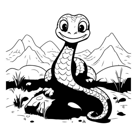 Illustration of a snake sitting on a rock with mountains on the