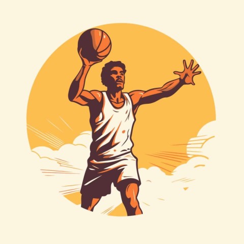 Basketball player with ball on sunset background. vector illustr