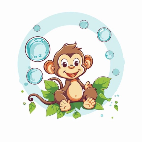 Cute cartoon monkey sitting on the green leaves and soap bubbles