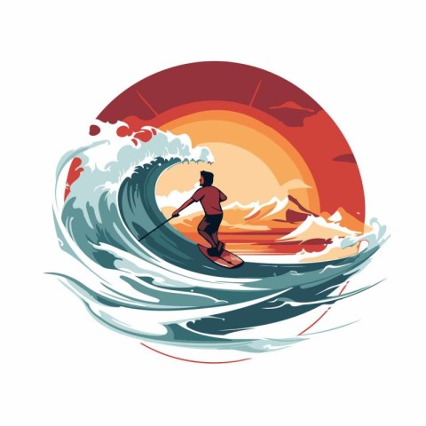 Surfer on the waves at sunset. Vector illustration in retro styl