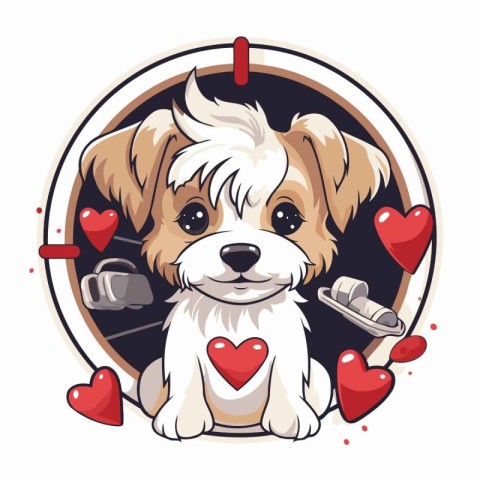 Cute cartoon puppy with hearts in round frame. Vector illustrati