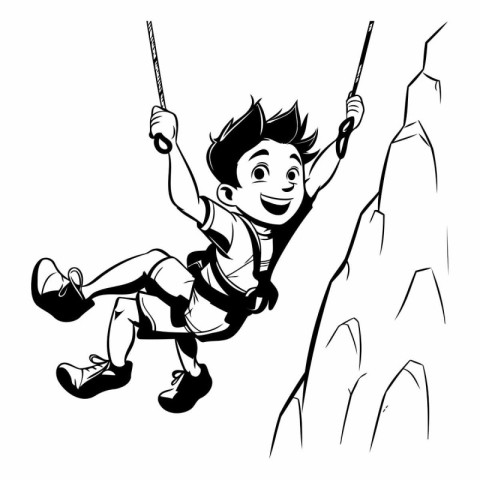 Boy climbing on a cliff with poles. Black and white vector illus