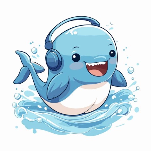 Cute cartoon whale listening to music with headphones. Vector il