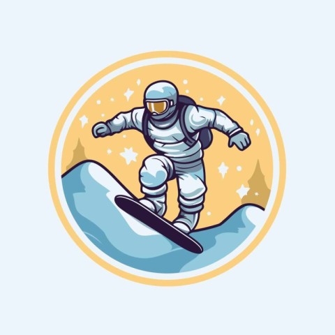 Astronaut flying on snowboard in circle badge vector illustratio