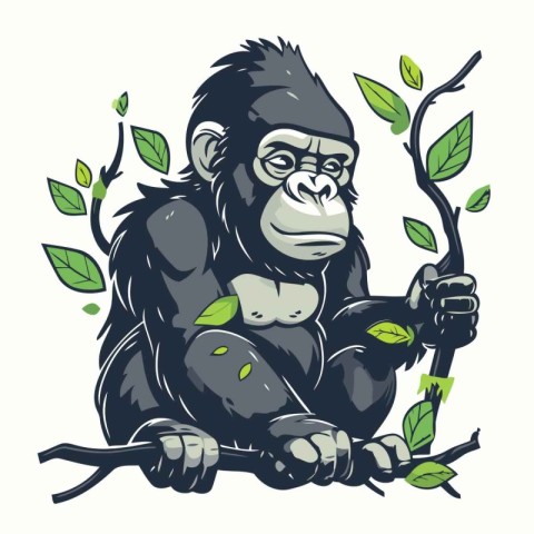 Gorilla sitting on a branch with green leaves. Vector illustrati