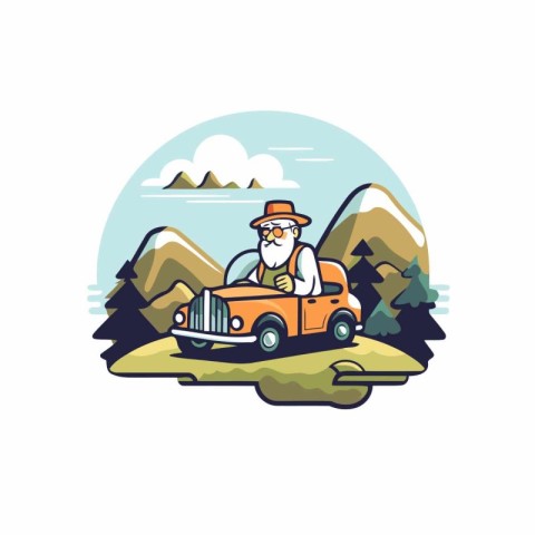 Retro old man driving a vintage car in the mountains. Vector ill