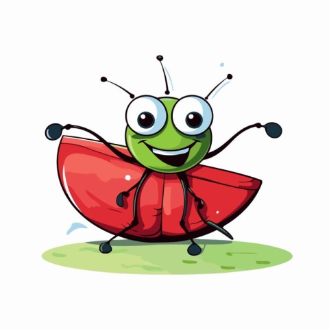 Cartoon ladybug on a green grass. Vector illustration isolated o