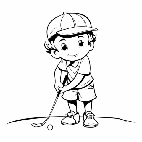 Boy playing golf. Black and white vector illustration for colori