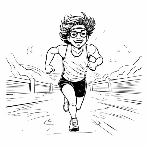 Running man. Vector illustration in black and white color on a w