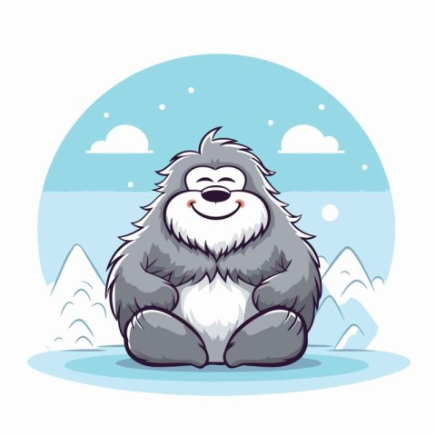 Cute cartoon dog sitting on the snow in the mountains. Vector il