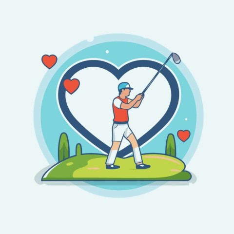 Golf player in heart shape vector illustration. Flat style desig