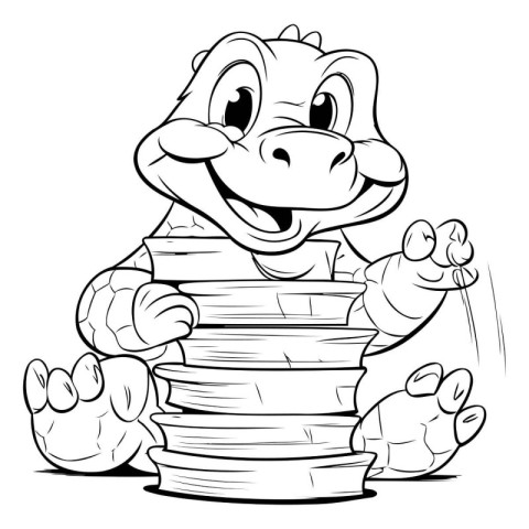 Cute hippo sitting on a stack of books. Black and white vector i