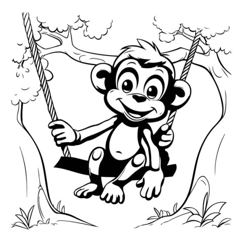 Monkey swinging on a swing - Black and White Cartoon Illustratio