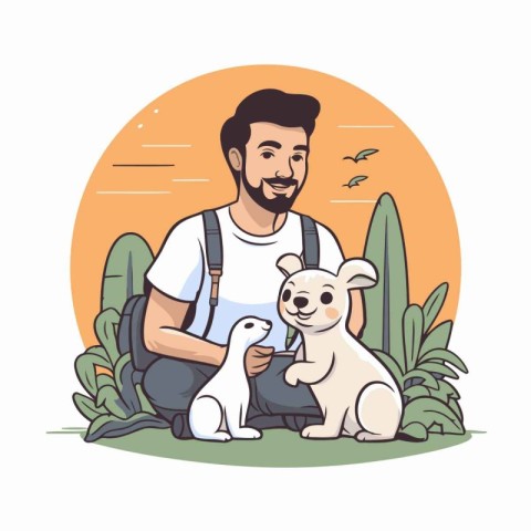 Man with dog and cat in the park. Vector illustration in cartoon