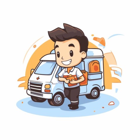 Cute boy riding a van. Vector illustration in cartoon style.