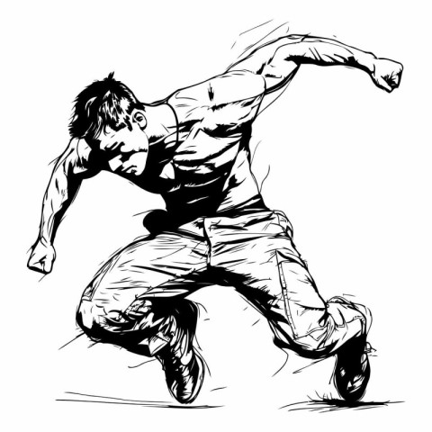 A black and white illustration of a male breakdancer jumping.