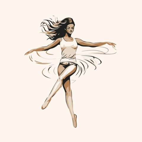 Beautiful girl in white dress dancing ballet. Vector hand drawn