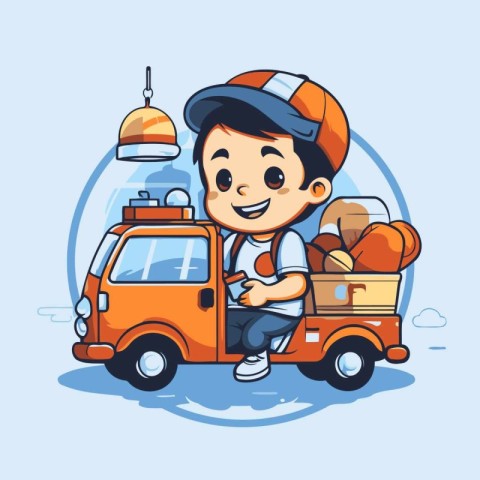 Cute little boy driving a toy car and delivering food. Vector il