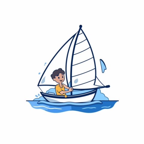 Little boy sailing on a small sailboat in the ocean. Vector illu