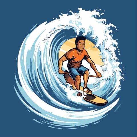 Surfer with a surfboard on the wave. Vector illustration.