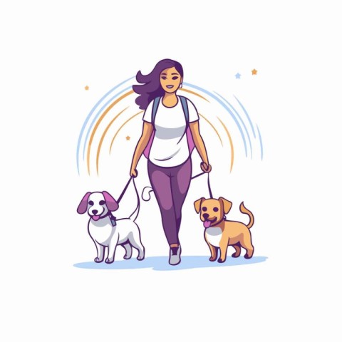 Vector illustration of a woman walking with her dogs. Flat style