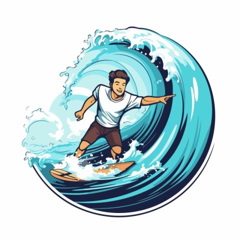 Vector illustration of a surfer riding a wave on a surfboard